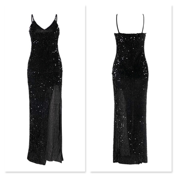 Black Sequined V-Neck High Slit Long Dress - Picture 5 of 7